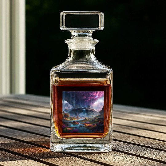 Alien Planet: Fantasy Mountain Cityscape Whiskey Decanters