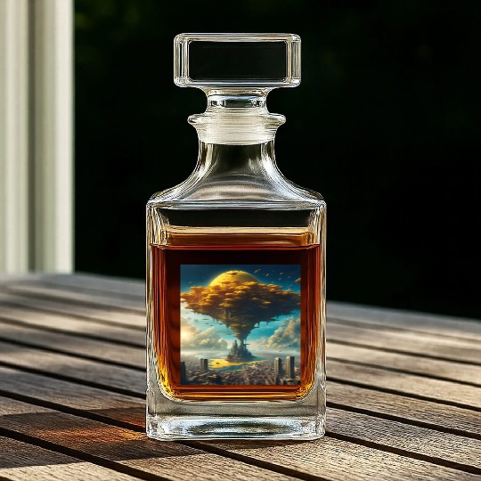 Sci-Fi Alien City: Floating Planet Twilight Scene Whiskey Decanters