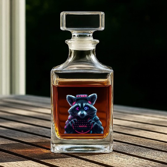 Cyber Raccoon with Neon Mafia Theme Whiskey Decanters