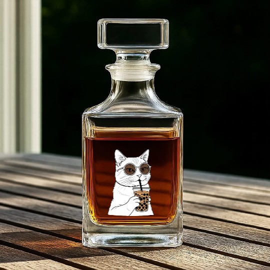 Cool Cat with Bubble Tea and Sunglasses Whiskey Decanters