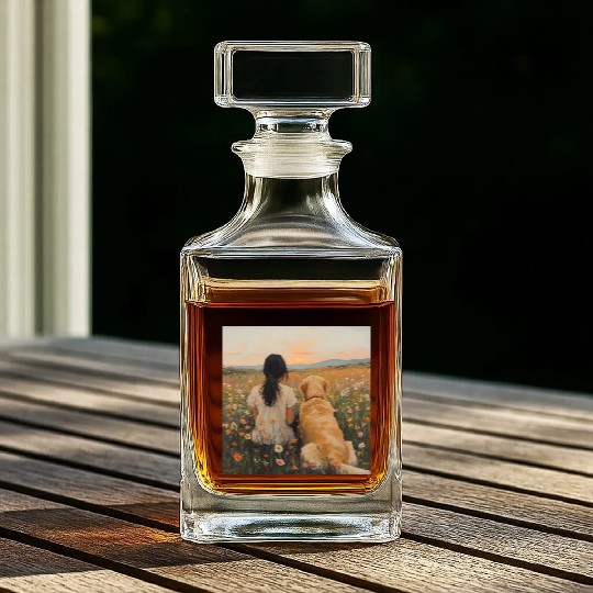 Serene Sunset with Girl and Dog Artwork Whiskey Decanters