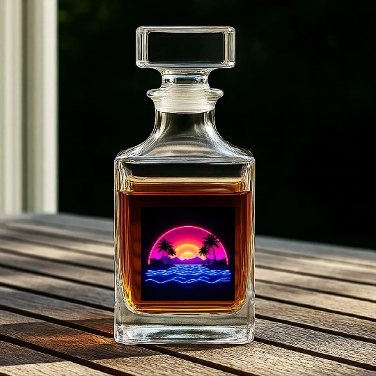 Neon Sunset Over Tropical Island Whiskey Decanters