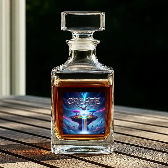 Vivid Floating Island with Rainbow Waterfall Whiskey Decanters