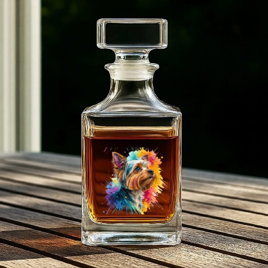 Vibrant Yorkie Watercolor Portrait Whiskey Decanters
