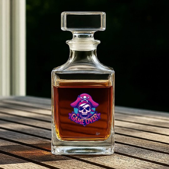 Pirate Skull with Eye Patch and Game Over Banner Whiskey Decanters