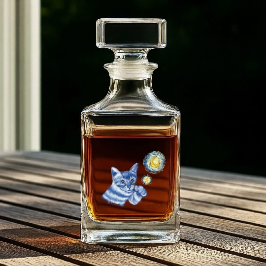 Blue Starry Night British Shorthair Cat Graphic Whiskey Decanters