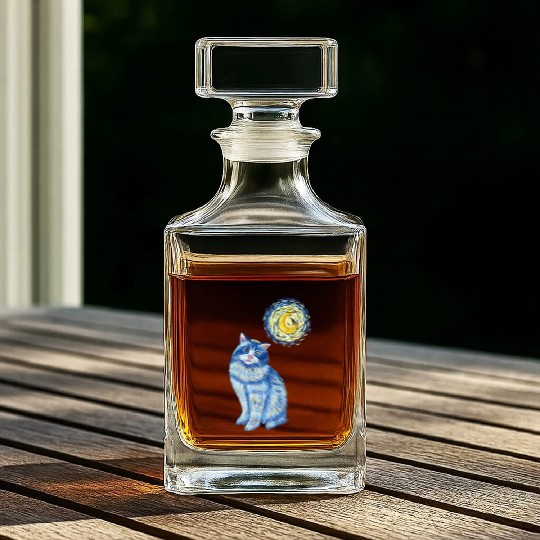 Blue Van Gogh Starry Night Ragdoll Cat Graphic Whiskey Decanters
