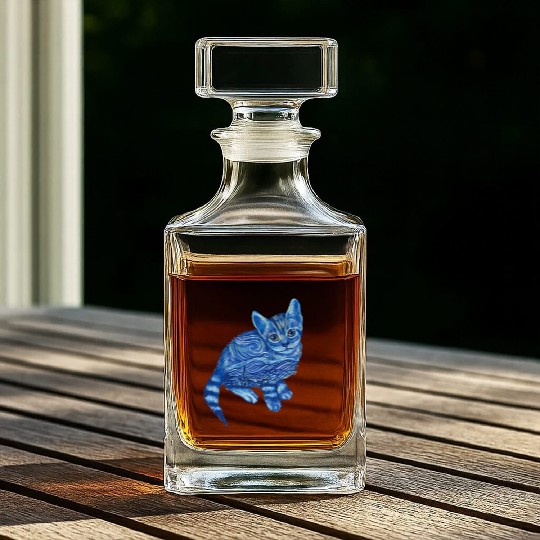 Blue Van Gogh Starry Night Bengal Cat Illustration Whiskey Decanters