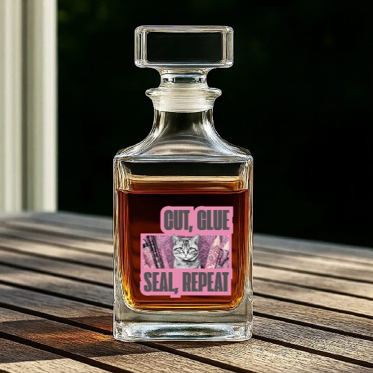 Decoupage Mantra Cut Glue Seal Repeat Cat Whiskey Decanters