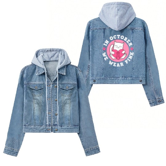 In October We Wear Pink Breast Cancer Warrior Cat Women's Denim Jackets