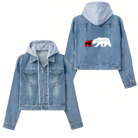 Grandma Bear Red Plaid Cub Mom Christmas Ladies Women's Denim Jackets