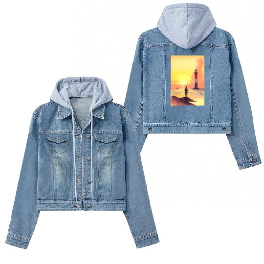 Serene Sunrise Beach Scene with Lighthouse and Fis Women's Denim Jackets