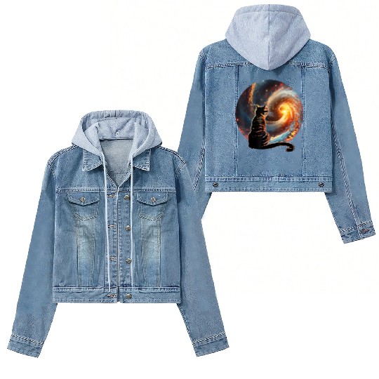 Cat Staring at a Galaxy Cat Dad Cat Lover Women's Denim Jackets