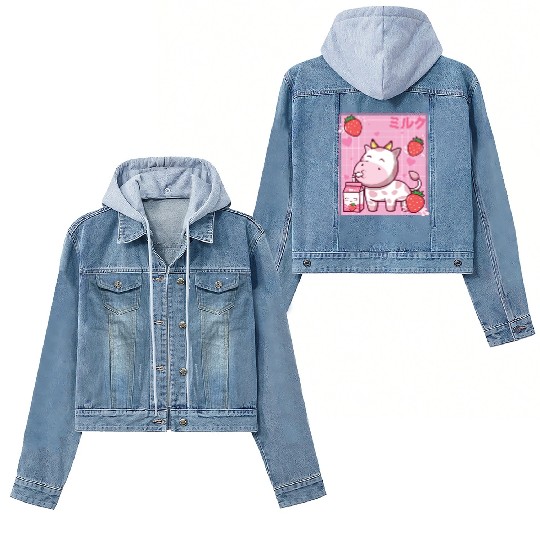 Kawaii Pink Strawberry Cow Milk Shake Otaku Anime Women's Denim Jackets