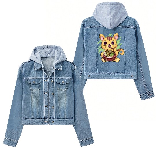 Kawaii Cat Eating Ramen Women's Denim Jackets