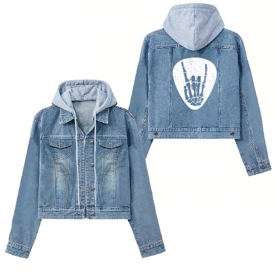 Cool Rock And Roll Skeleton Hand On A Guitar Pick Women's Denim Jackets