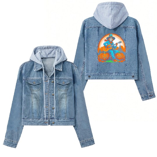 Happy Halloween scarecrow plays guitar Women's Denim Jackets
