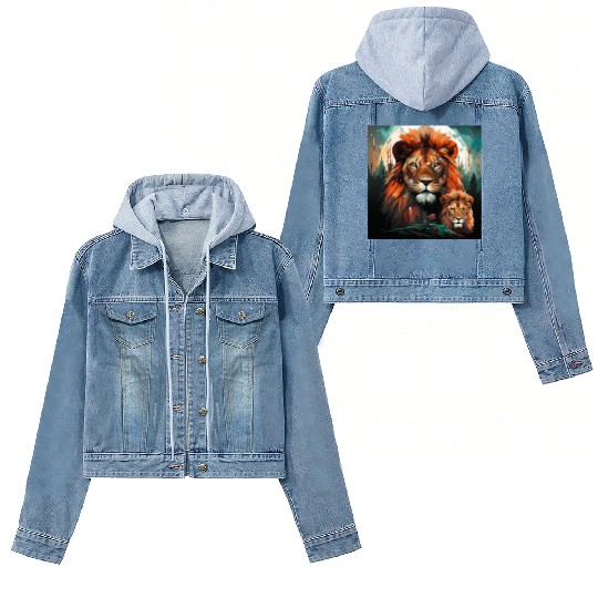 Geometric Lion Mother and Lion Cub in the Forest Women's Denim Jackets