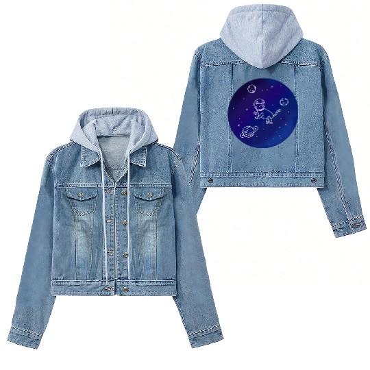Doodle-Style Hand Drawn Space Cat Women's Denim Jackets