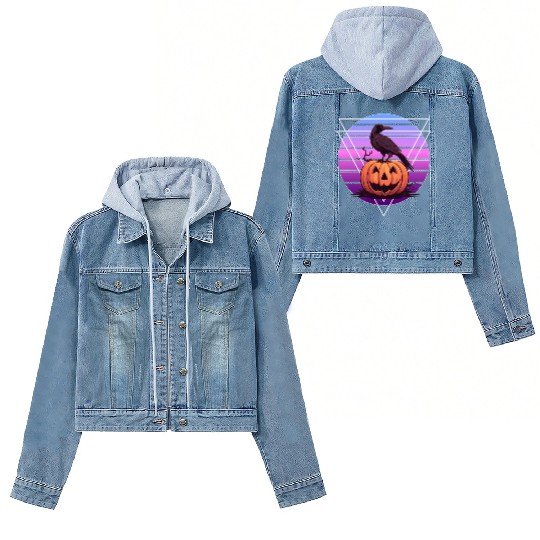 Raven Crow On Pumpkin Vaporwave Halloween Pagan Ae Women's Denim Jackets