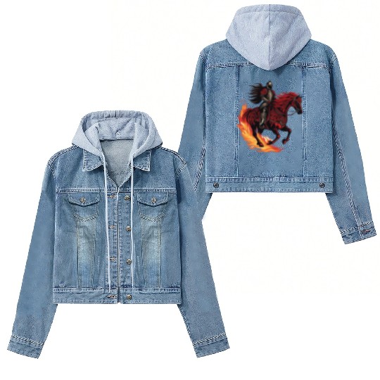 Flaming fantasy horse made out gothic armor Women's Denim Jackets