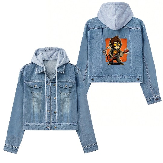 Monkey Chimpanzee Playing Acousitc Rock Guitar Women's Denim Jackets