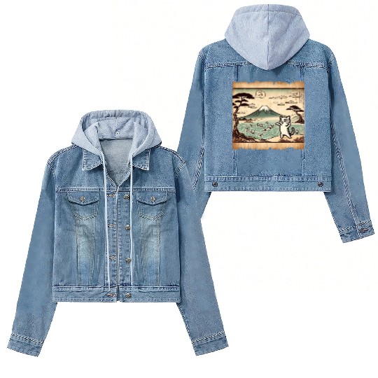 Mt. Fuji Kitten Papyrus Scroll Retro Japanese Art Women's Denim Jackets