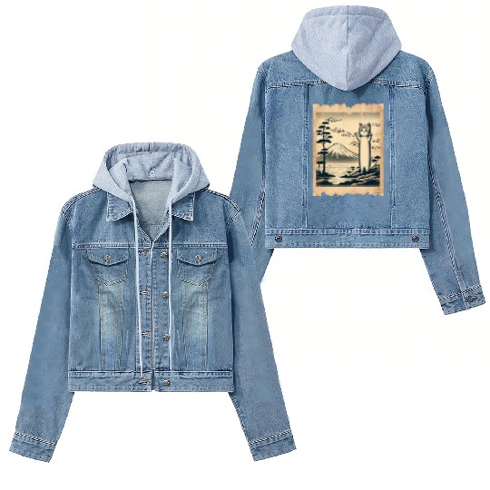 Mt. Fuji Kitten Papyrus Scroll Retro Japanese Art Women's Denim Jackets