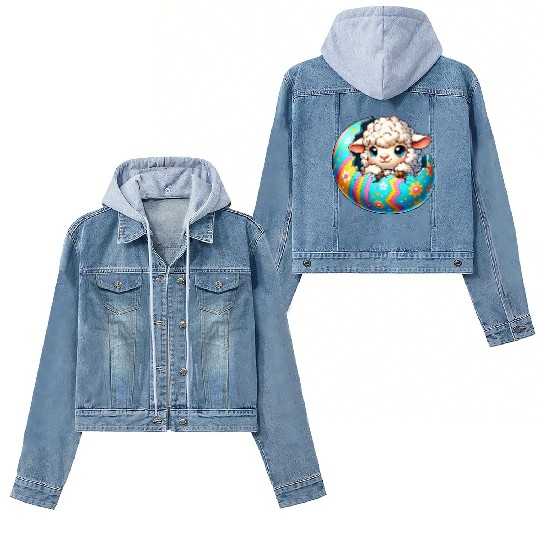 Colorful Lamb Hatching from Easter Egg Cartoon Women's Denim Jackets