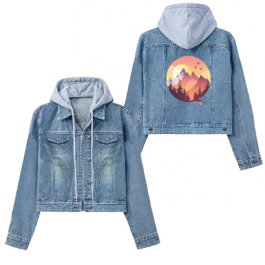 Sunset Mountain Landscape With Flying Birds Women's Denim Jackets