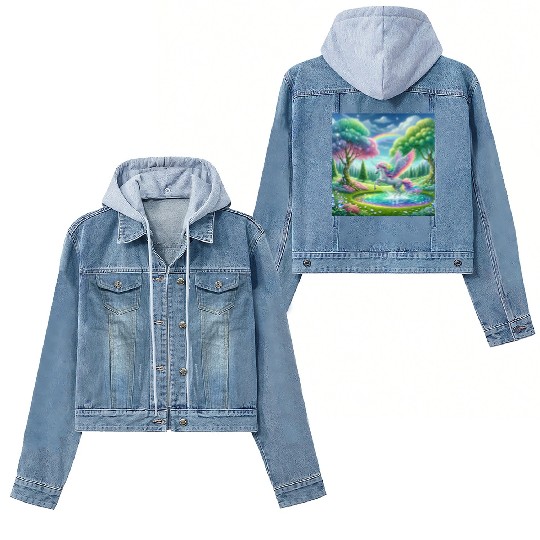 Enchanted Rainbow Unicorn Over Sparkling Pond Women's Denim Jackets