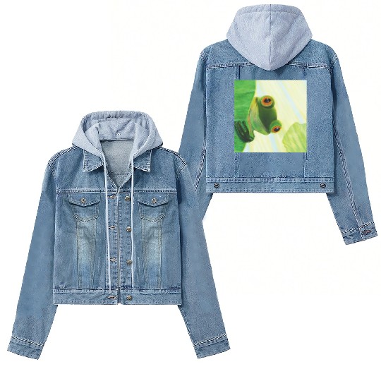 Cute Green Frog Peeping out From Behind Lily Pad Women's Denim Jackets