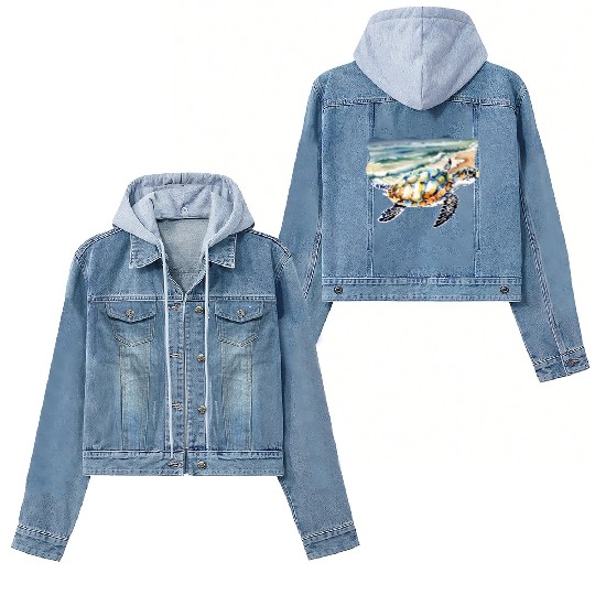 Sea Turtle at the Beach in Watercolor Women's Denim Jackets