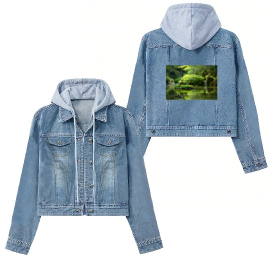 Serene Pond with Bird on Mossy Rock Women's Denim Jackets