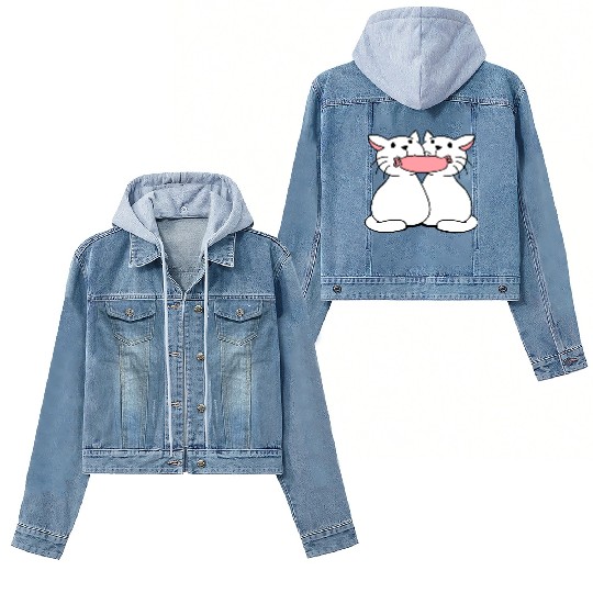 2 cats eating sausage in mouth love friends couple Women's Denim Jackets