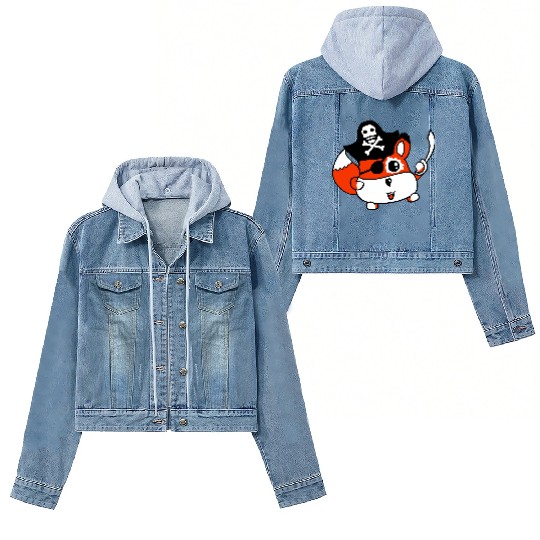 Little Cute Captain Fox Pirate Animal Eye Patch Women's Denim Jackets