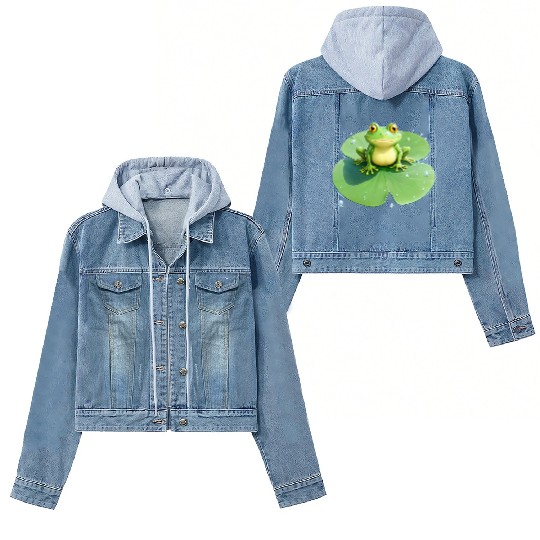Cheerful Frog on Lily Pad Women's Denim Jackets