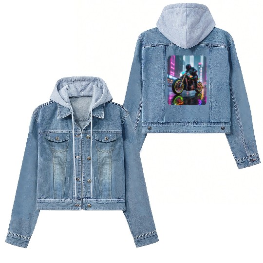 Motorcycle cyberpunk in city Women's Denim Jackets