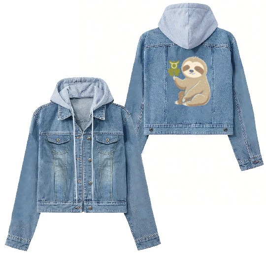 Taurus Zodiac Sloth with Leaf Symbol Serenity Women's Denim Jackets