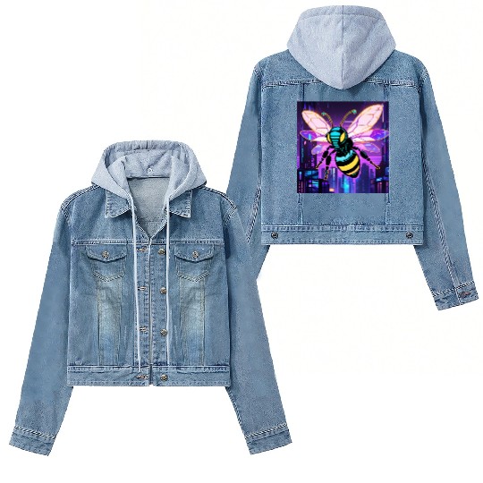 A bee cyberpunk-style with glowing neon stripes Women's Denim Jackets