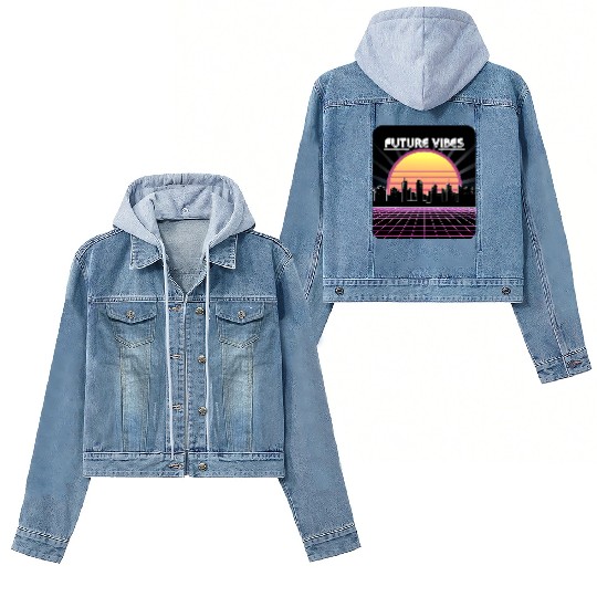 Future Vibes Synthwave Sunset Grid Retro 80s Women's Denim Jackets
