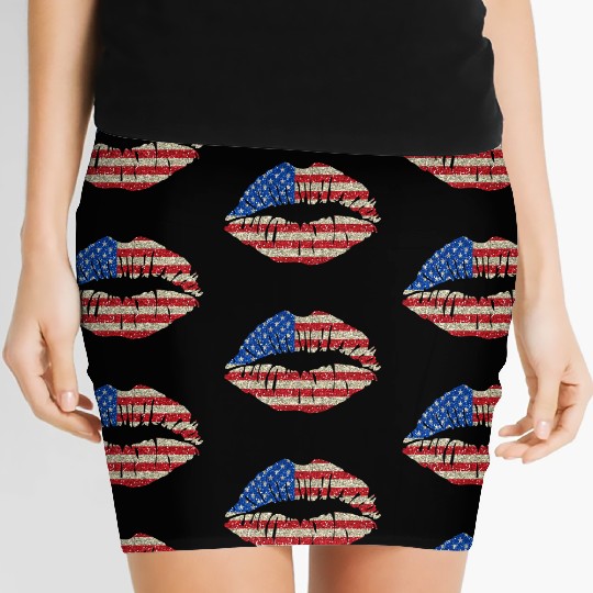 american flag lips glitter USA patriotic patriot Women's Mini Skirts