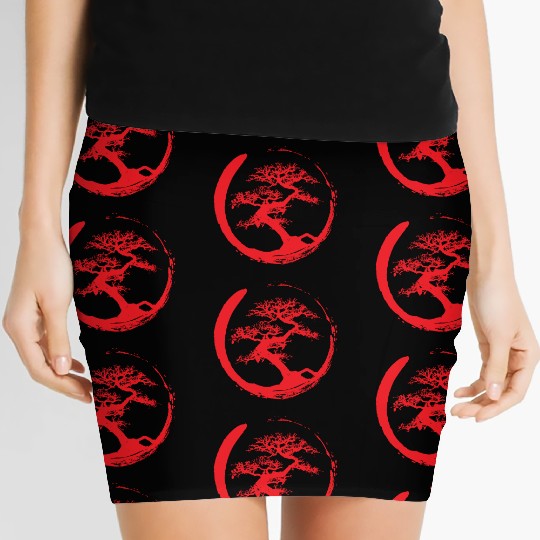 Zen Bonsai Tree in Enso Circle (red) Women's Mini Skirts