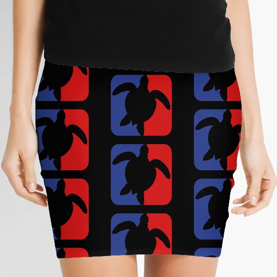 red blue square button sea turtle silhouette outli Women's Mini Skirts