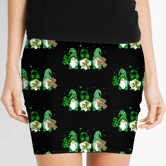 Three Gnomes Holding Shamrock Leopard Plaid Women's Mini Skirts