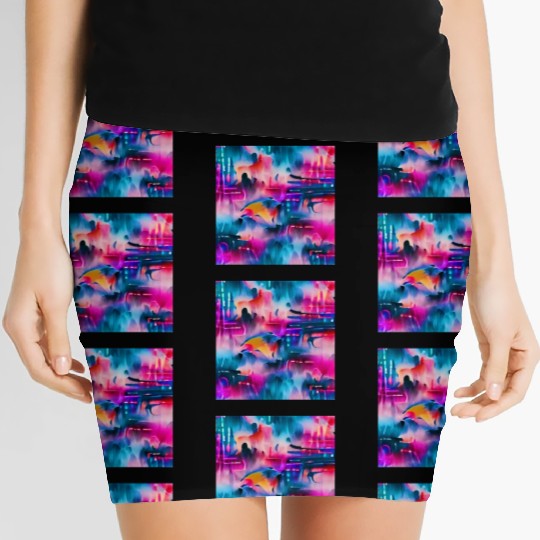 Abstract watercolor pattern in retro neon colors Women's Mini Skirts