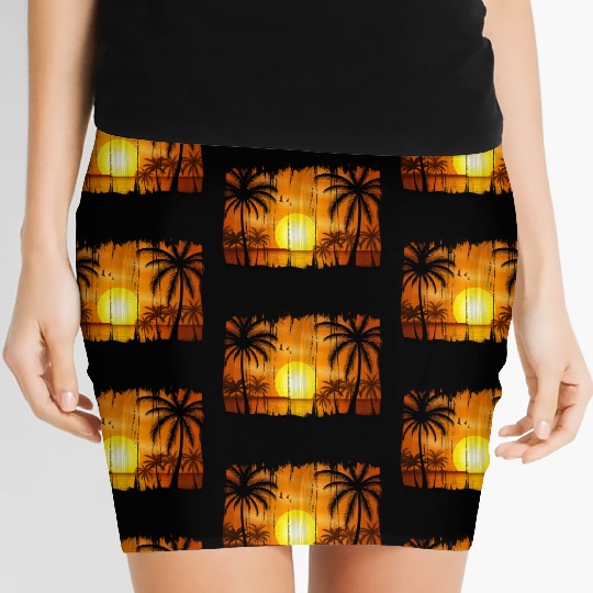Retro Sunrise, Beach, Palm Trees, Vacation Women's Mini Skirts