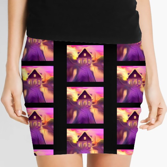 sunset house digital art abstract painting Women's Mini Skirts