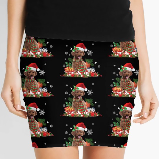 Christmas themed brown Poodle dog Women's Mini Skirts