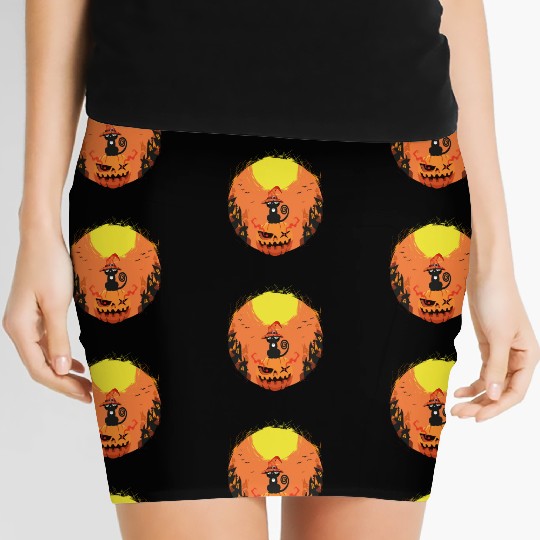 black Cat Sitting on Pumpkin Surrounded by Haunted Women's Mini Skirts